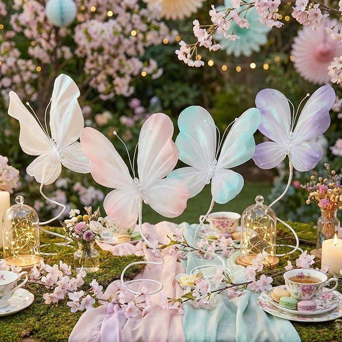 Roowest 4pcs Butterfly Party Decorations Table Centerpiece Gradient Silk Flying Large Butterfly Centerpiece 3D Pink Purple Green White Butterflies Tabletop for Baby Shower Wedding Birthday Party Decor