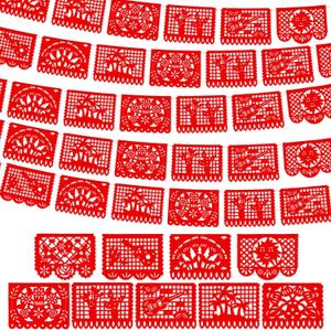 VitalCozy 4 Pack 59 ft Mexican Papel Picado Banner Plastic Mexican Talavera Party Fiesta Banner Wedding Hanging Decorations for Cinco De Mayo Cielito Lindo Party Supplies(Red)