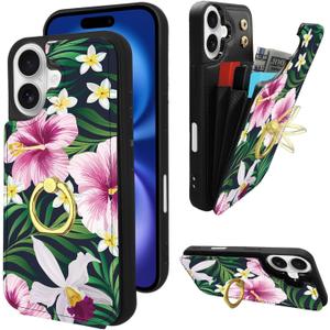 Compatible with iPhone 16 Wallet Case with Card Holder, 360 Rotation Finger Ring Holder Kickstand Protective RFID Blocking PU Leather Pattern Double Buttons Flip Cover 6.1" Florals Green