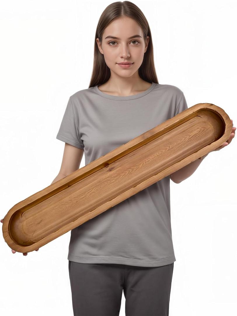 SwallowLiving Rustic Hand Carved Decorative Wood Dough Bowl, Approx 30-Inch Large Bread-Shaped Centerpiece, Long Wooden Bowl for Home Decor (Brown)