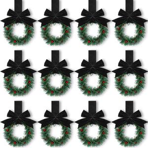 Retrowavy 12 Pcs Christmas Kitchen Cabinet Wreaths with Ribbon 3.94 Inch Mini Christmas Wreath Small Kitchen Xmas Decor for Window Door(Black, Classic Style)