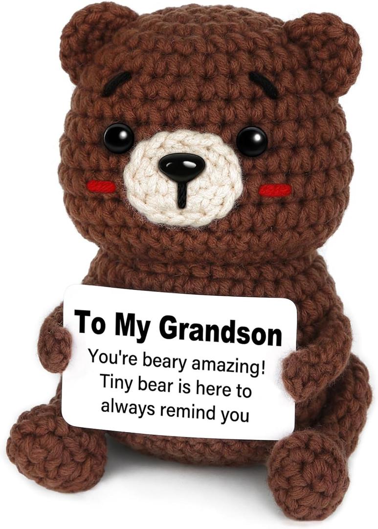 Grandson Gifts, Handmade Positive Crochet Bear Decor, Grandson Gift from Grandma Grandpa, Christmas Birthday Graduation Gift Ideas for Grandsons