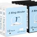 EOOUT 1 inch 3-Ring Binder 12 Pack Black and White with 2 Pockets Inside, Fits 11 x 8.5 Inch Paper with 175 Sheets Capacity, for Office, Home, School Project