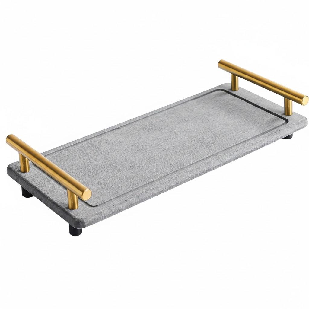 1 Pack Instant Dry Sink Caddy, Water Absorbent Diatomite Tray for Sink, Stone Drying Tray with Metal Handle, Keeping Kitchen and Bathroom Tidy and Clean  (Dark Grey & Gold Handle, Large & Small)