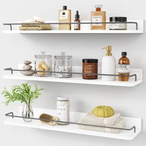 Forbena Floating Shelves for Wall 24 Inches Long, Modern White Wall Shelving Unit for Bedroom, Wood Hanging Shelf for Kitchen Bathroom Living Room Office Organizers and Storage (White and Grey)
