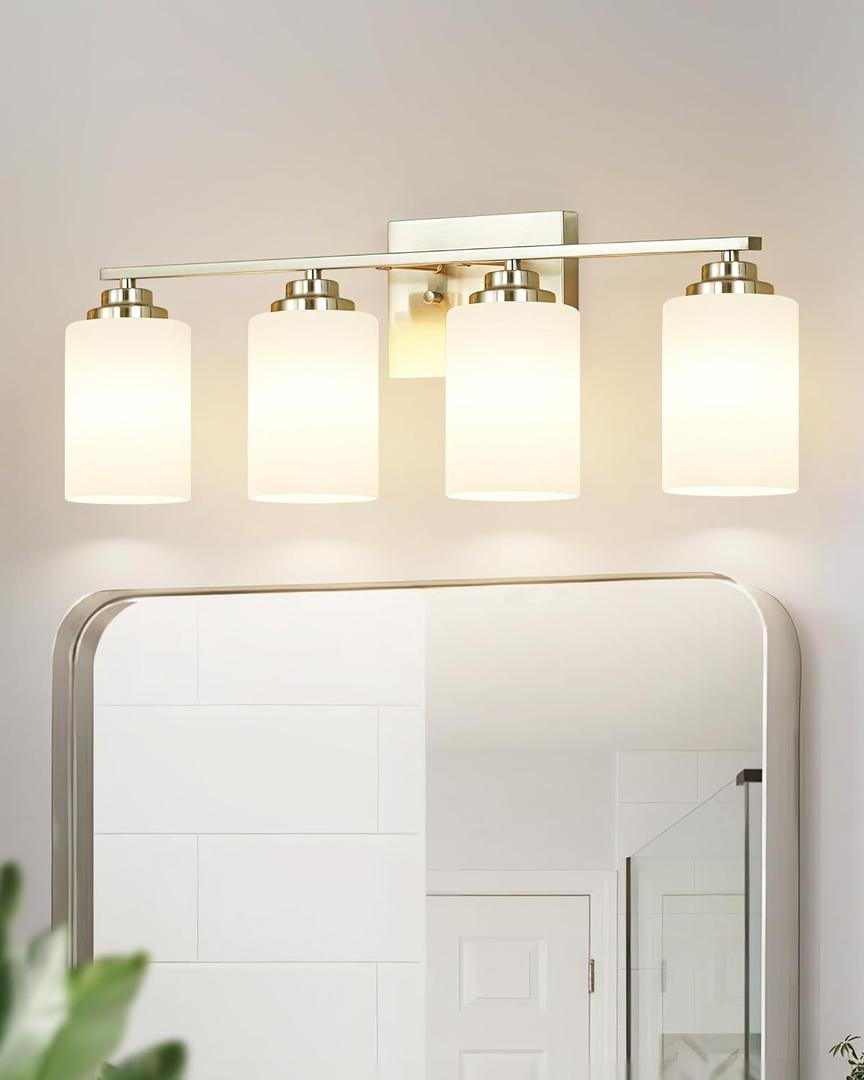 4-Light Bathroom Vanity Light, 24 Inches Brushed Nickel Bathroom Light Fixtures Over Mirror, Modern Wall Sconce Lighting with Milky Glass Shade for Bath, VN8301-4BN