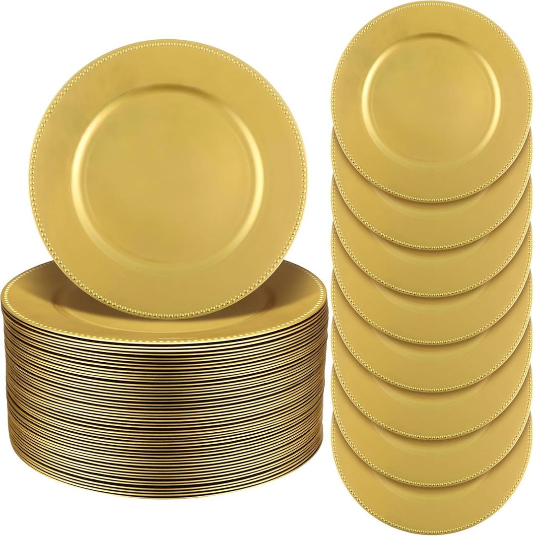 Jinei Charger Plates, 100Pcs Gold Plastic Reusable Dinner Charger Plates, 13'' Round Vintage Table Decoration, for Wedding, Party & Holiday, Approx. 13 Inches in Diameter