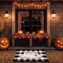 Nuanchu 2 Pcs Halloween Door Mat Combo Set Ghost Coir Non Slip Welcome Mat 28" x 43" Black and White Buffalo Plaid Rug for Halloween Front Porch Entryway Decor