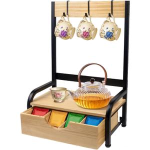 Tea Bag Organizer with Adjustable Drawer, Tea Organizers and Storage with 3 Hooks, Wood & Metal Tea Bag Holder, Tea Box Organizer for Countertop Tea Station, Tea Storage Organizer