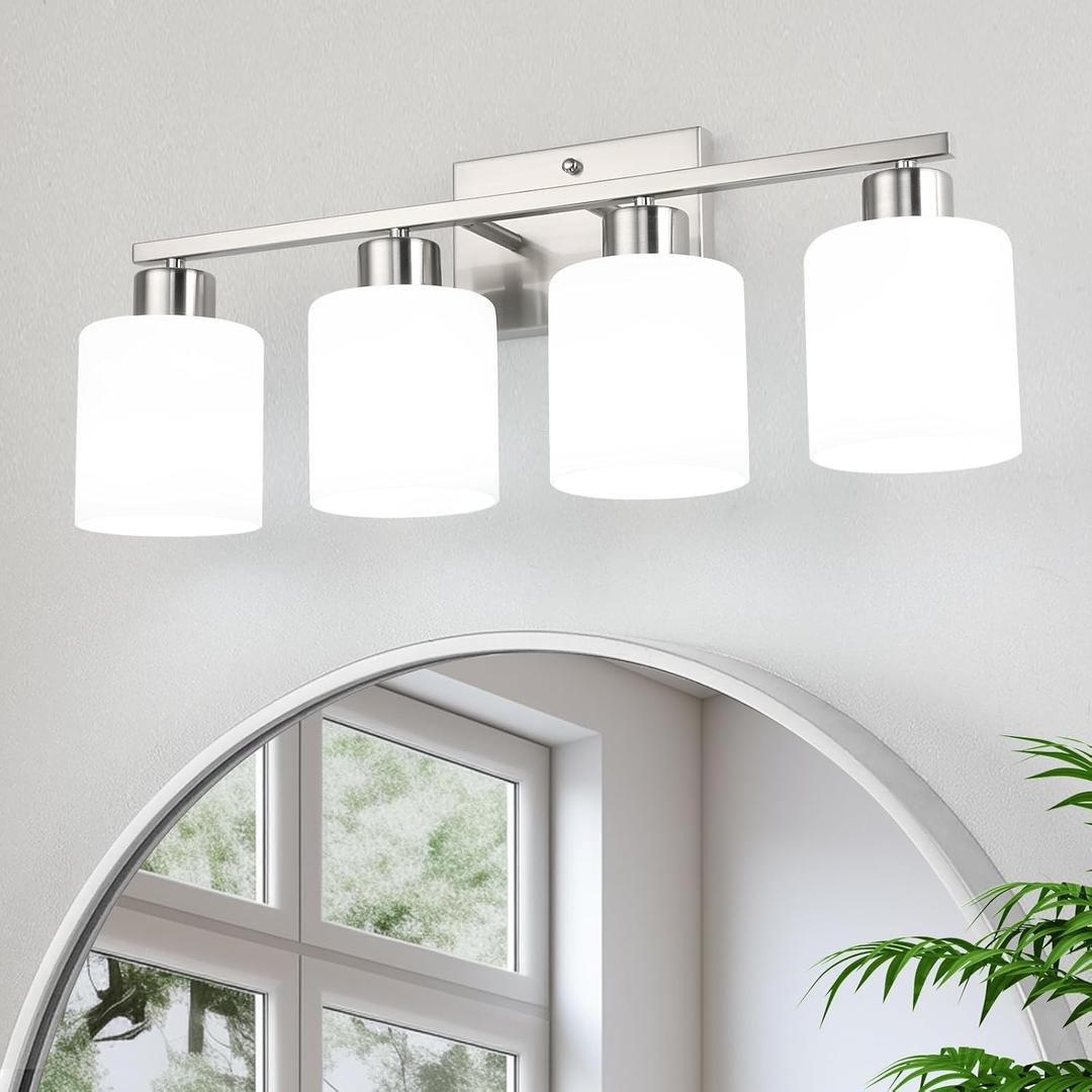 WILON 4-Light Bathroom Vanity Light, Brushed Nickel Bathroom Light, Modern Lighting Fixtures Over Mirror, Wall Lamps with E26 Base, Vanity Lights for Kitchen Living Room Hallway Cabinet Porch