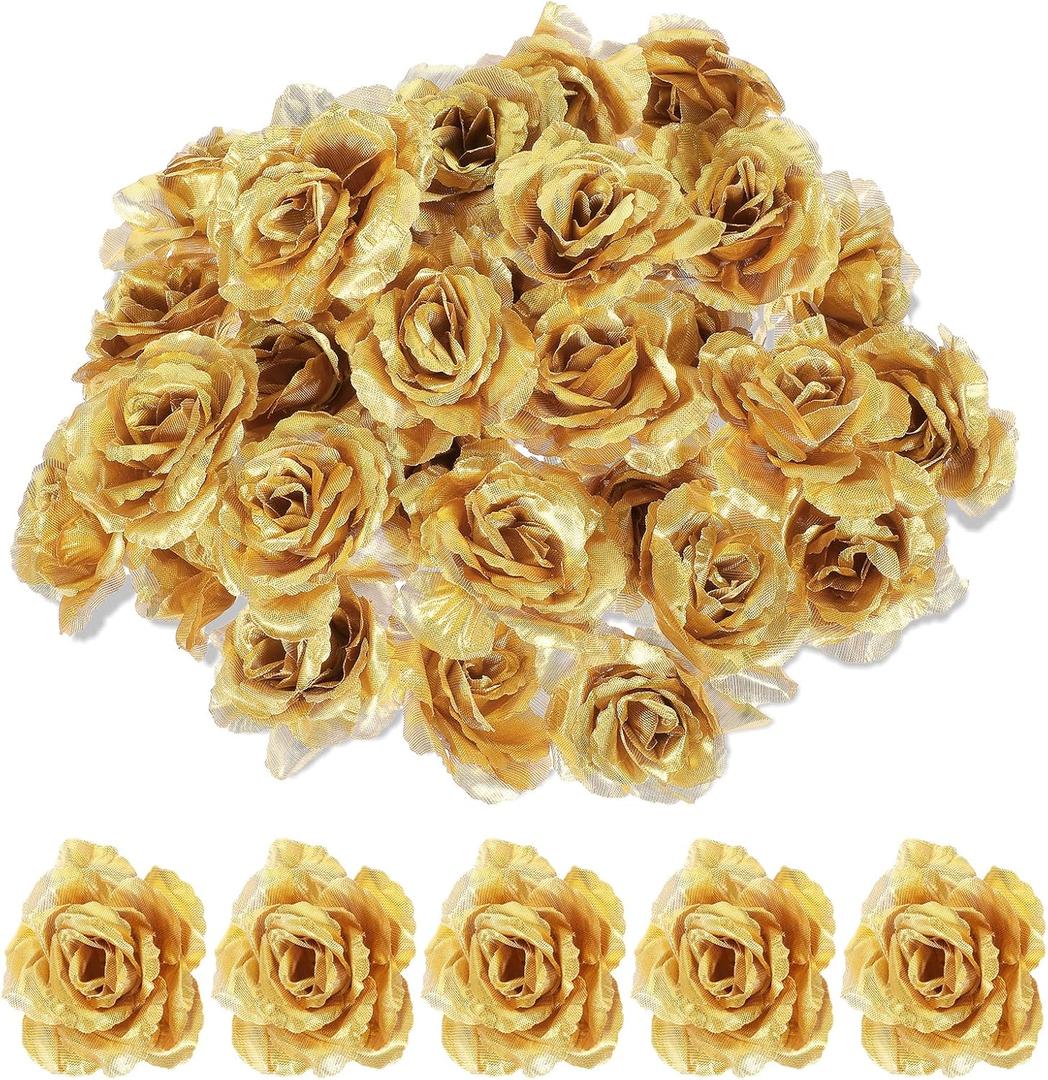 Psyqtsuary Gold Roses Artificial Flowers, 30 Pcs Fake Silk Gold Flowers Real Looking Faux Blossom Rose Flower Head for Wedding Bouquet Party Decor DIY Crafts Floral Arrangements