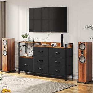 YITAHOME TV Stand with Charging Station - 9 Drawer Dresser for 55'' TV, Black Stand with Side Pockets, Fabric for Living Room, Entryway