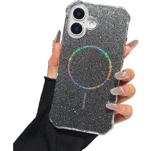 TEECOVER for iPhone 16 Case 6.1-Inch, [Clear Wavy Border][Sparkly Glitters][Fit for MagSafe] Shockproof Cute Slim Fit Magnetic Phone Case for Women & Girls - Black