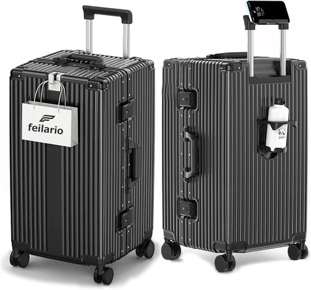feilario 26in Super Large Captain Aluminum Frame Hardside Spinner Wheels Luggage, Zipperless Checked Suitcase with Cup Holder/Phone Holder