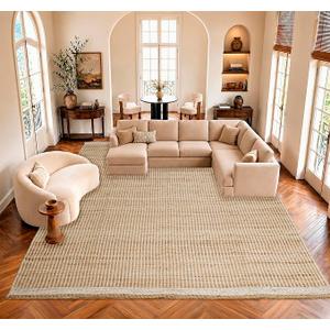 9x12 feet Jute & Wool Mini Check Area Rug with 4-Inch Border Handwoven mini Check Pattern – Living Room, Dining & Bedroom Rug, Neutral Indoor Natural Farmhouse Décor (9' x 12')