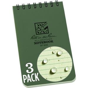 Rite in the Rain Weatherproof Top Spiral Notebook, 3" x 5", Green Cover, Universal Pattern, 2 Pack (No. 935-3X)