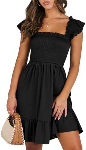 Mnvhjf Womens Summer Casual Sleeveless Square Neck Smocked Ruffle Backless Boho Mini Dress 2024 Trendy Short Sundress, Medium