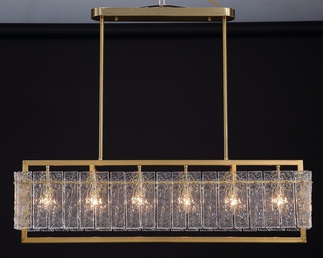 Modern Rectangle Glass Chandelier for Dining Room, 41" Gold Linear Island Light Fixture, Elegant Water Ripple Glass Lighting for Kitchen Island, Living Room, L41 x W10 x H12, Dimmable