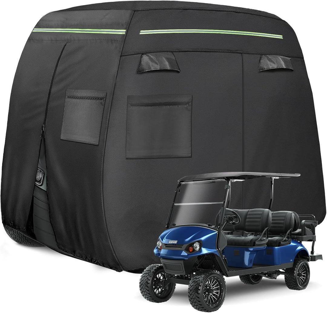 Golf Cart Covers 6 Passenger, Heavy Duty 600D Waterproof Golf Cart Seat Cover EZGO, Club Car, Yamaha, Outdoor 6 Seater with Reflective Strips, Zippered Pockets, Zipper Doors