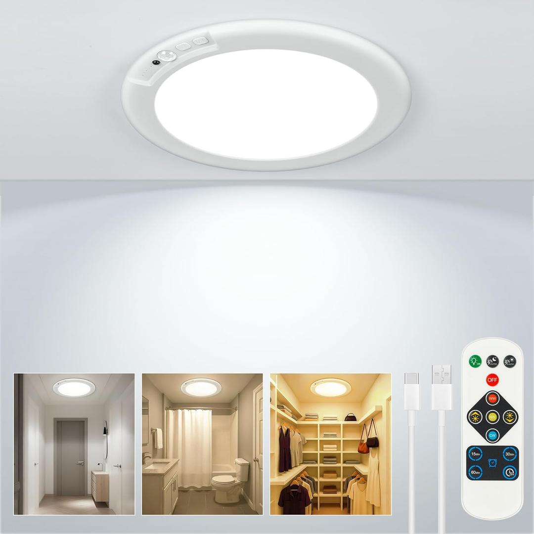 Rechargeable Ceiling Light, No Wiring Battery Operated Ceiling Lights with Remote, Closet Lights Motion Sensor Light Indoor Dimmable Timing Overhead Shower Light for Bathroom Pantry Hallway Porch (1 Pack, Multicolor)
