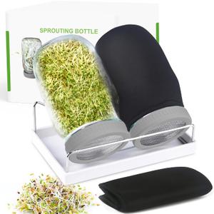 Organic Seed Sprouting Jar Kit 2 32 oz Wide-Mouth Mason Jars with Stainless-Steel Sprouter Lids & Stand, Blackout Sleeves, Drain Tray Grow Broccoli, Alfalfa & Bean Microgreens