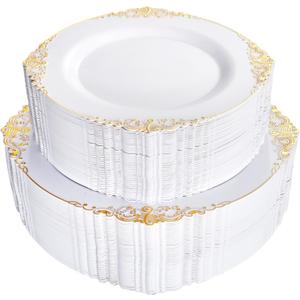 102PCS White and Gold Plastic Plates - Gold Disposable Plates Include 51PCS 7.5inch Dessert Plates, 51PCS 10.25inch Dinner Plates Perfect for Weddings Parties