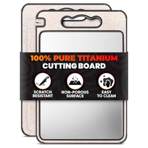 Double Sided Metal Cutting Board Titanium 14.3"x9.8" - GR1 Titanium Cutting Board with Sharpener for Knife for Meat & Wheat Straw + PP for Fruits - Non-slip, Built-in Garlic Grater & Juice Grooves