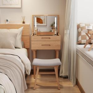 Solid Wood Small Vanity Desk with Flip Top Mirror, Brightness Adjustable Lights, Compact Vanity with Glass Top and Drawers, Slim Dressing Table for Small Space, Bedroom, Living Room, Natural
