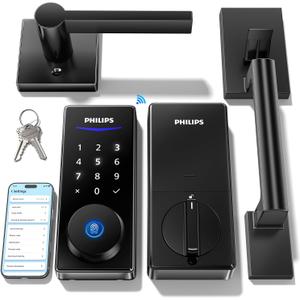 Philips Wi-Fi Smart Lock with Handle, WiFi Keyless Entry Keypad Door Lock with Handle, Front Door Deadbolt Set, Fingerprint Unlock, PIN Code Unlock, Auto Locking, App Remote Control, Bulit in WiFi