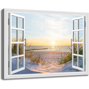 Beach Sunset Picture Wall Art Fake Open Window Ocean Natural Scene on Canvas Prints for Yellow Home Decor 36 x 24