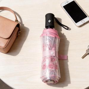 Clear Folding Umbrella 11-Inch, Compact Transparent with Pink Cherry Blossom Design, Windproof for Rainy Days, Suitable for Daily Outdoor Use for Men & Women