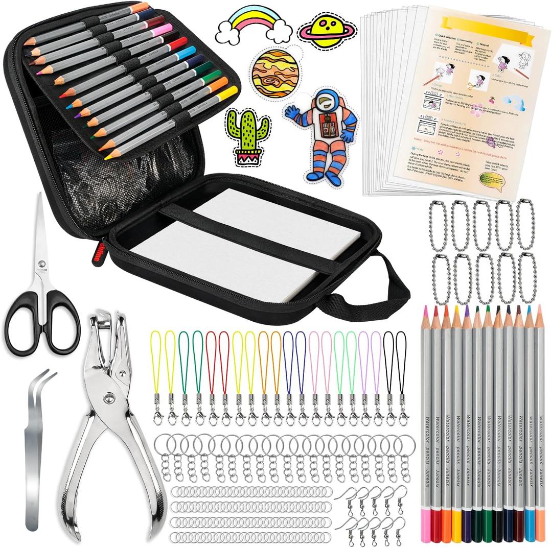 196Pcs Shrinky Dink Sheets Kit with Case, Shrink Plastic Sheet, Shrinky Dink Kit Include 20PCS Shrink Art Paper and 175 PCS Keychain Accessories for Creative Art Craft