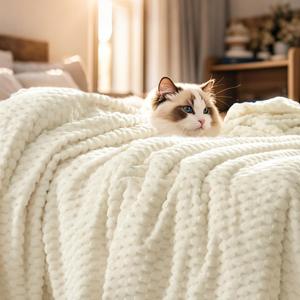 PHF Ultra Soft Flannel Fleece Blanket Queen Size, Lightweight 3D Jacquard Fleece Blanket, No Shedding, No Pilling, Luxury 340GSM Aesthetic Fluffy Cozy for Bed Room Decor, 90"x90", Cream