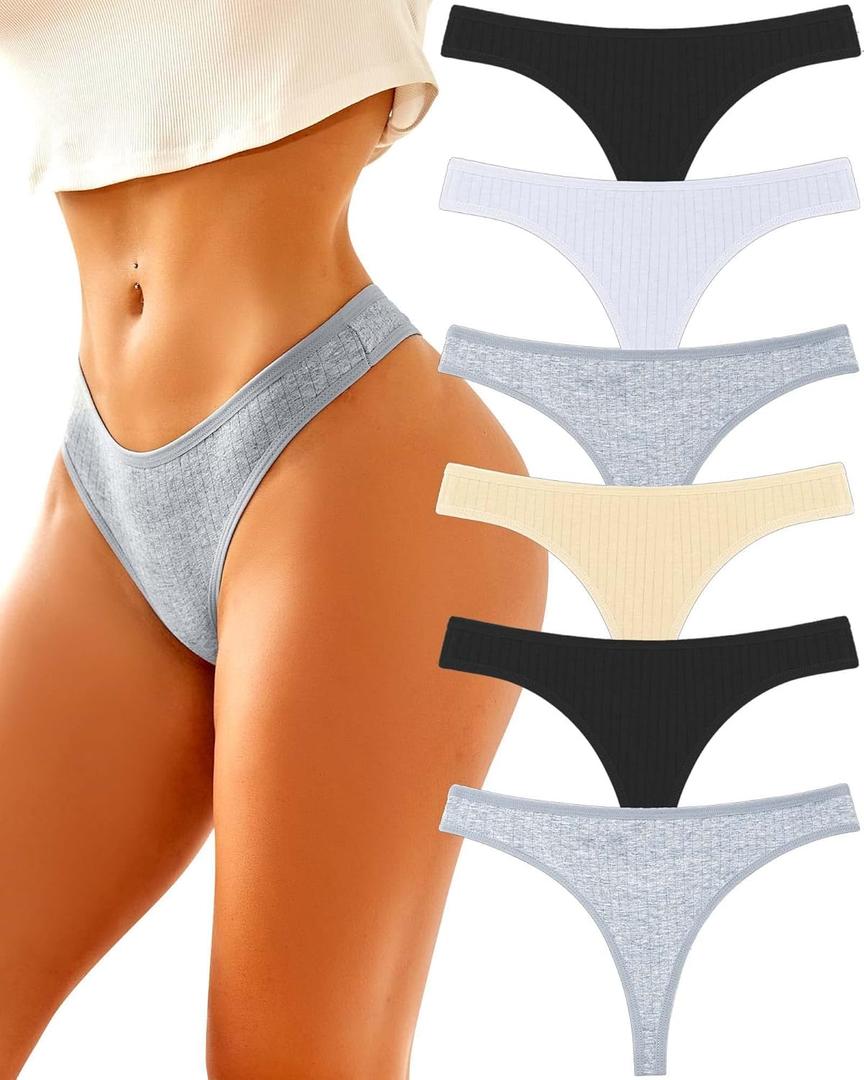 FINETOO Cotton Thongs for Women Soft Low Rise Sexy Thong Ladies Panties Womens Underwear 6 Pack (M)