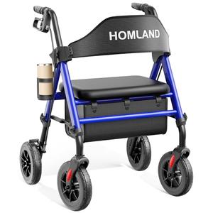 HOMLAND Walkers for Seniors with Seat, Foldable Rollator Walker, Reinforced Aluminum Frame, 8" Big Rubber Wheels for All Terrain, Height Adjustable Lightweight Rolling Walker