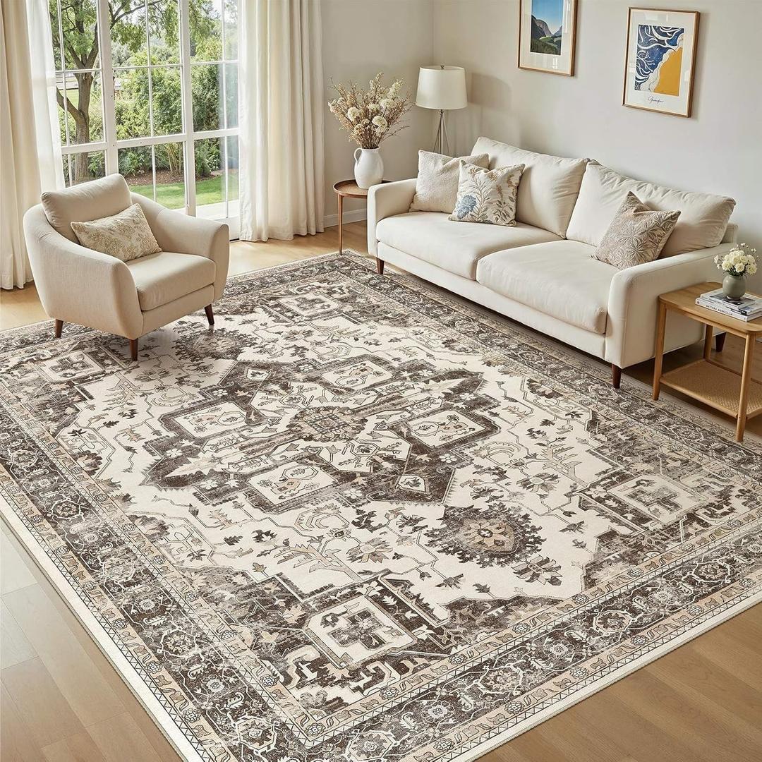 Washable 5x7 Area Rug for Living Room - Vintage Distressed Carpet with Non-Slip Backing, Soft Stain Resistant Low Pile Indoor Rug for Bedroom & Dining Room, Kid & Pet Friendly - Dark Brown