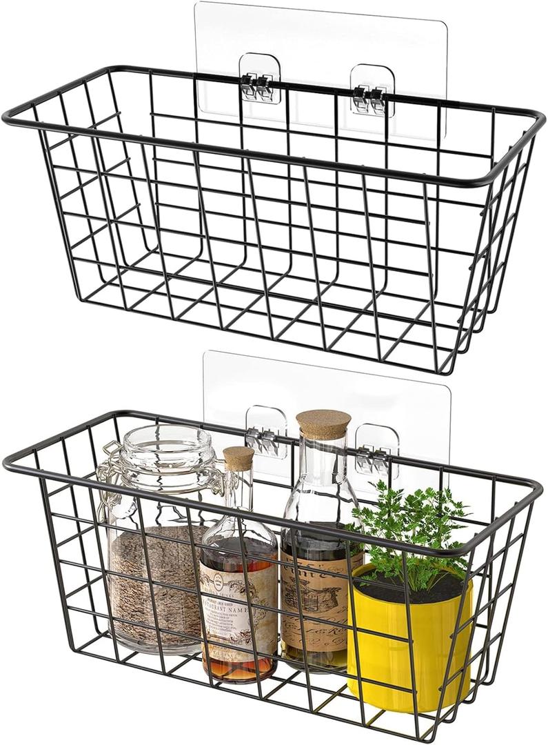 MaraFansie Hanging Kitchen Baskets Wire Storage Basket Over the Cabinet Door Organizer, No Drilling Adhesive Basket for Cabinet Pantry Organization and Kitchen, Bathroom, Storage, 2 Pack, Black (A-BLACK)
