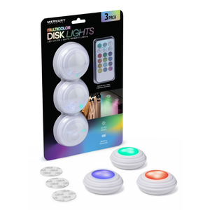 Merkury Innovations Multicolor RGB Puck Lights, Battery Operated, Touch Activated, with Remote Control - 3-Pack