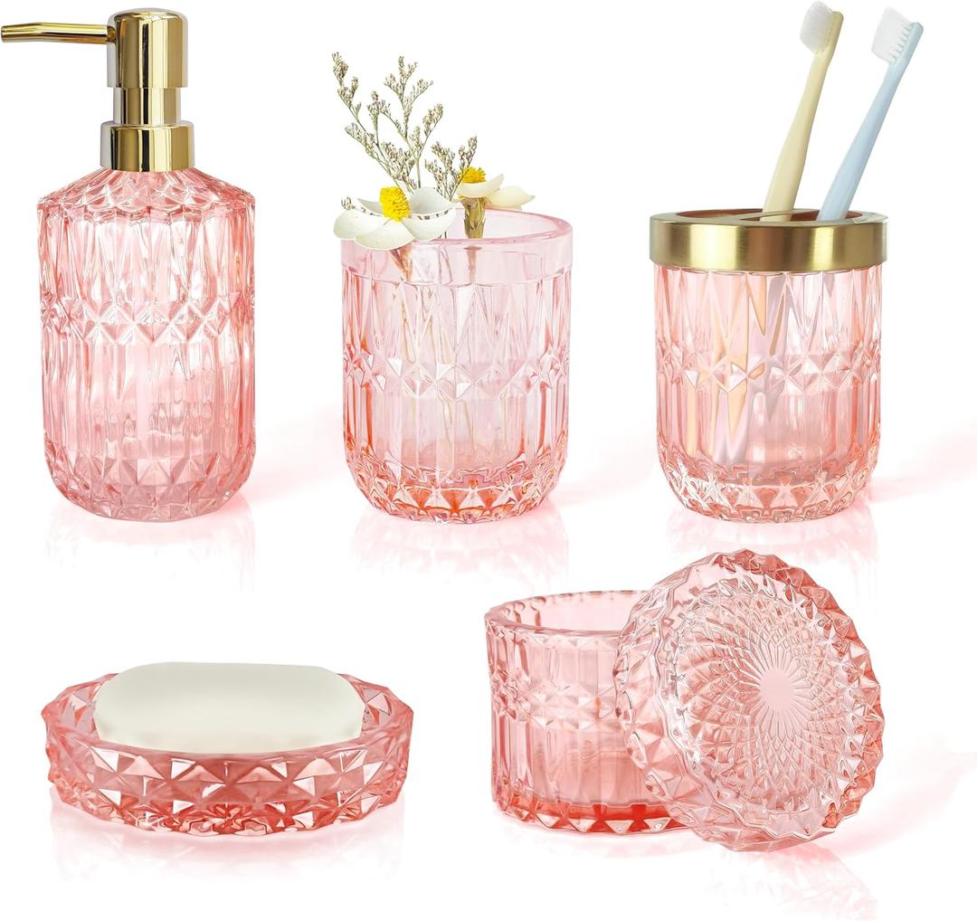 New Pink Bathroom Accessories Set, 5pcs Clear Glass Bath Accessory Set, Soap Dispenser, Toothbrush Holder Set, Soap Dish, Tumbler, Cotton Swab Jars, Girly Bathroom Decor, Gift Set