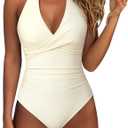 SUUKSESS Women Sexy Tummy Control One Piece Swimsuits Halter Push Up Bathing Suits (Medium, #1 Beige White)