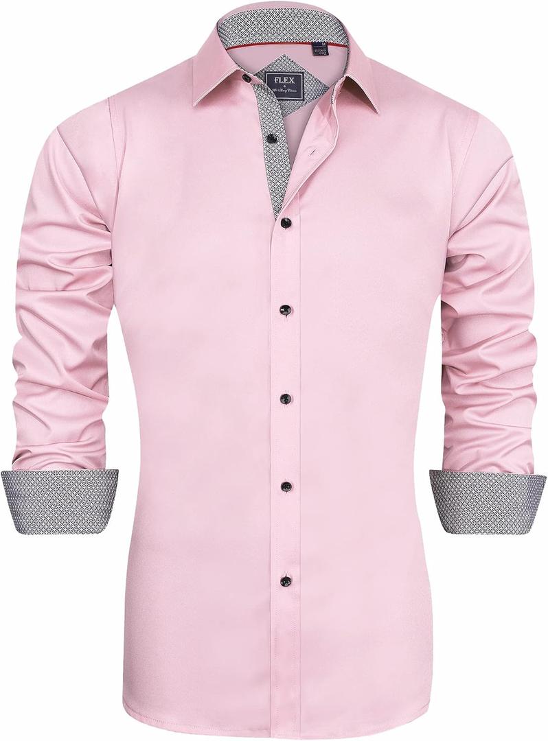 J.VER Men's Casual Long Sleeve Stretch Dress Shirt Wrinkle-Free Regular Fit Button Down Shirts (Medium, Pink)