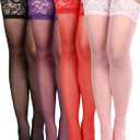 Geyoga 4 Pairs Thigh High Stockings Lace Tights Silky Sheer Lingerie Stocking for Women (X-Large, Black, Red, Purple, Pink)