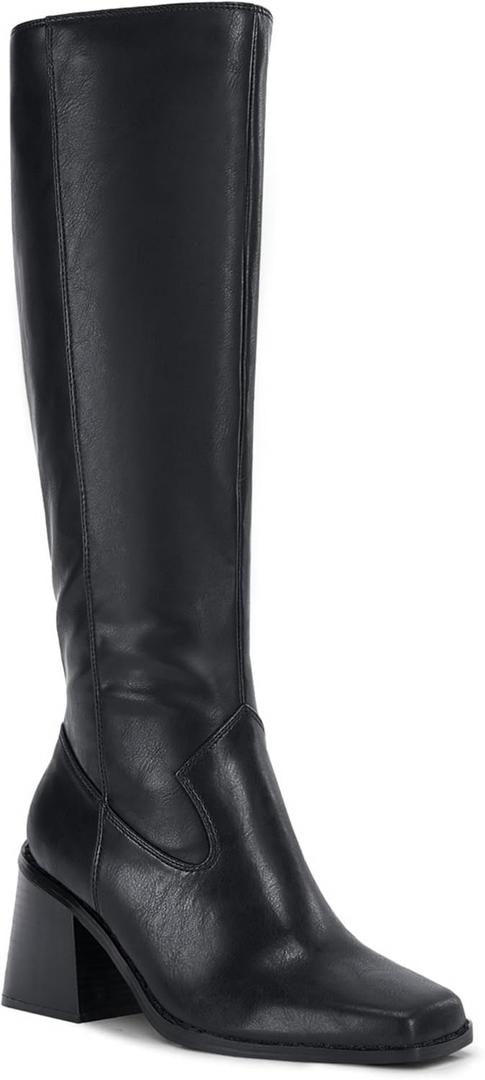 Coutgo Women's Knee High Boots Wide Calf Square Toe Chunky Heeled Pull-on Boot (6.5, Black)