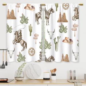 Western Cowboy Kitchen Curtains Rustic Farmhouse Cactus Desert Bathroom Curtains Window Treatment Drape Tier Vintage Country Cafe Small Bedroom Short French Door Curtains 2 Panels 27.5x39 Inch