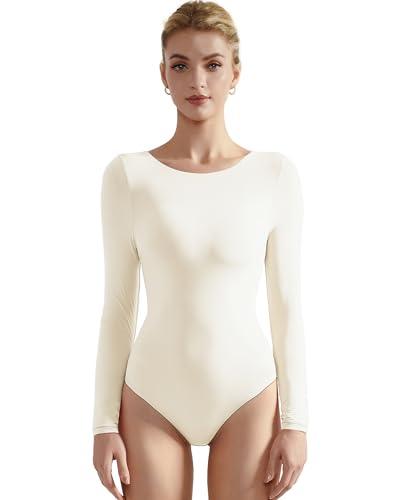 Women Long Sleeve Bodysuit Basic Crew Neck Thong Body Suit Shirts Top for Spring (White, M)