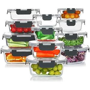 KOMUEE 24 Pieces Glass Food Storage Containers Set,Glass Meal Prep Containers-Stackable Airtight Glass Storage Containers with lids,Freezer, Microwave, Oven Safe,Gray