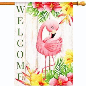 HOMFREEST Flamingo Welcome Summer House Flag Tropical Pink Bird Yard Flag 28x40 Inch Vertical Double Sided Rustic Seasonal Outside Decorations