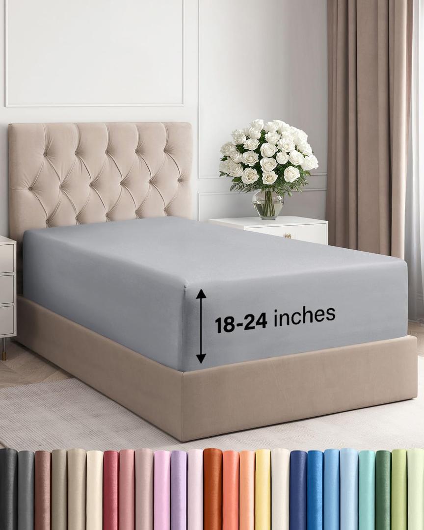 Extra Deep Twin XL Fitted Sheet - Hotel Luxury Single Fitted Sheet Only - Easily Fits 18 inch to 24 inch Mattress - Ultra Soft, Wrinkle Free with Extra Deep Pockets - Breathable & Comfy - Steel Blue