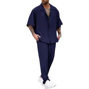 Men Summer Casual Short Sleeve Pant Sets Solid Button Down Shirt Elastic Pants 2 Piece Outfits Beach Tracksuit, Large 