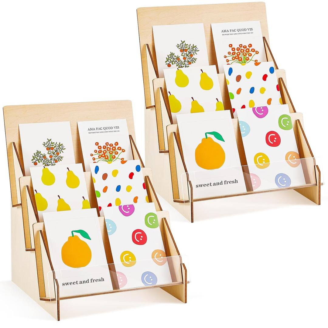 Barydat 2 Pcs Greeting Card Display Stand for Vendor Wooden 3 Tiered Multipurpose Brochure Holder Stand Display Racks for Portable Magazine Literature Organizer Rack(9 x 9.6 x 13.2 Inch)